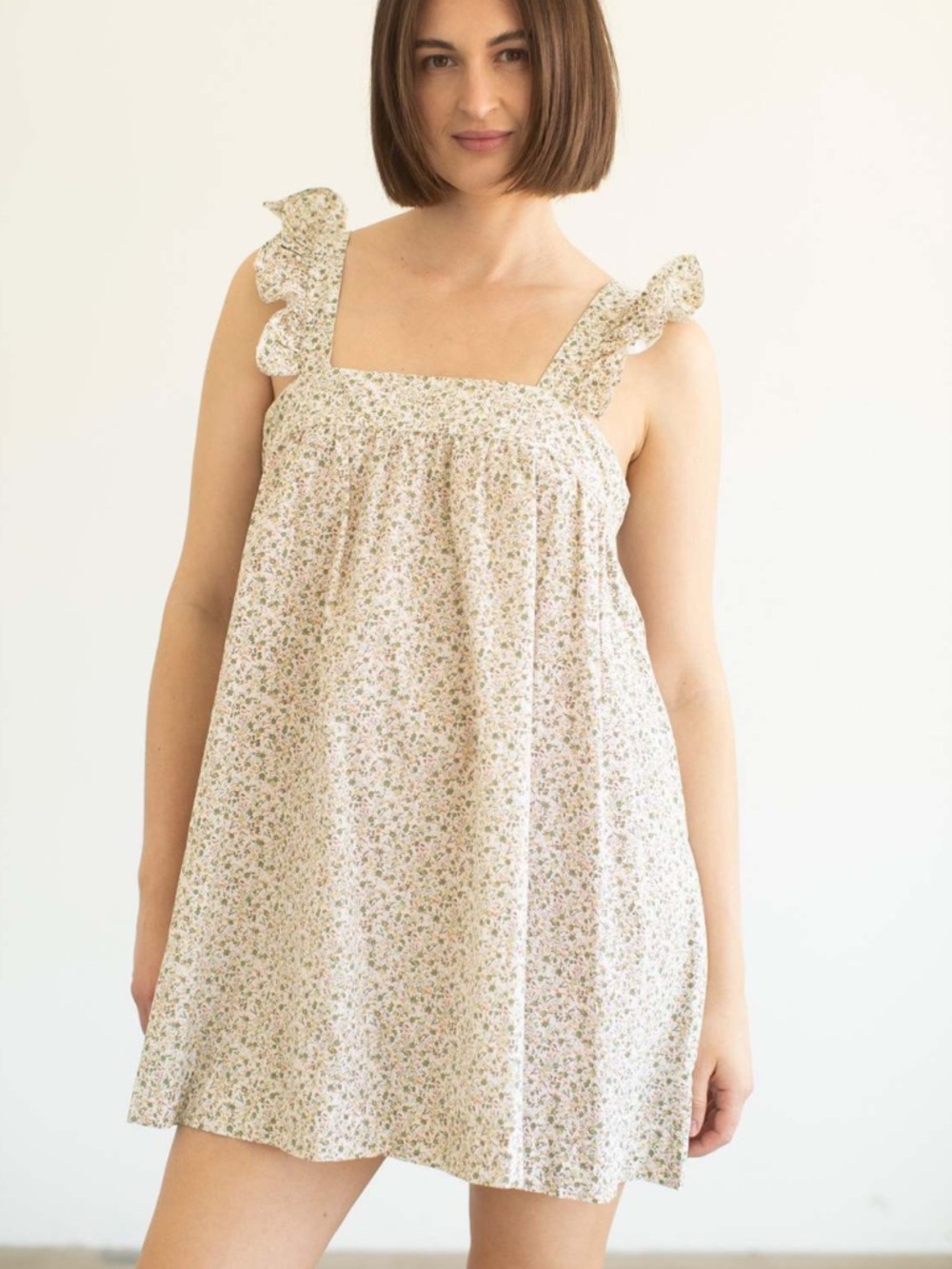 Doen Cream Floral Mini Dress with Ruffle Straps
